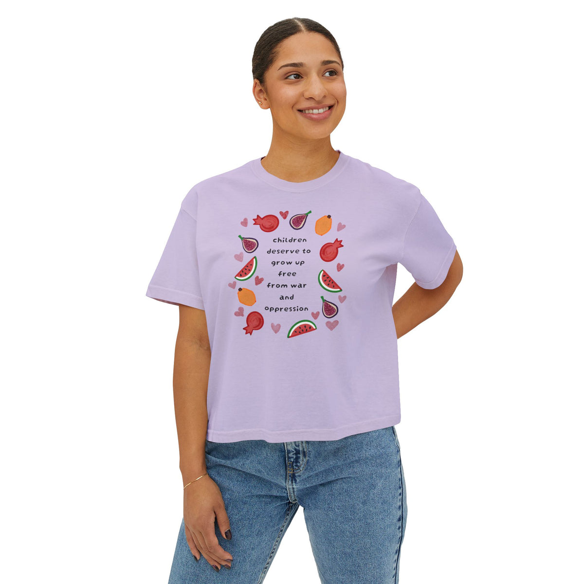 Women’s Boxy CROP Tee "Children Deserve to Grow Up Free From War and Oppression" Peaceful Fruit Graphic