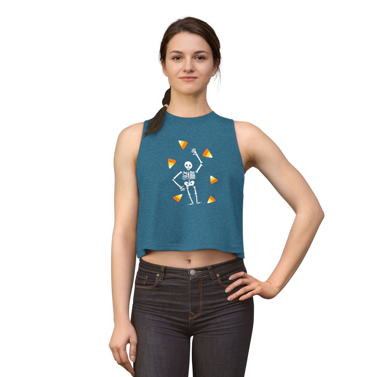 Halloween Candy Corn Skeleton Crop Top Tank