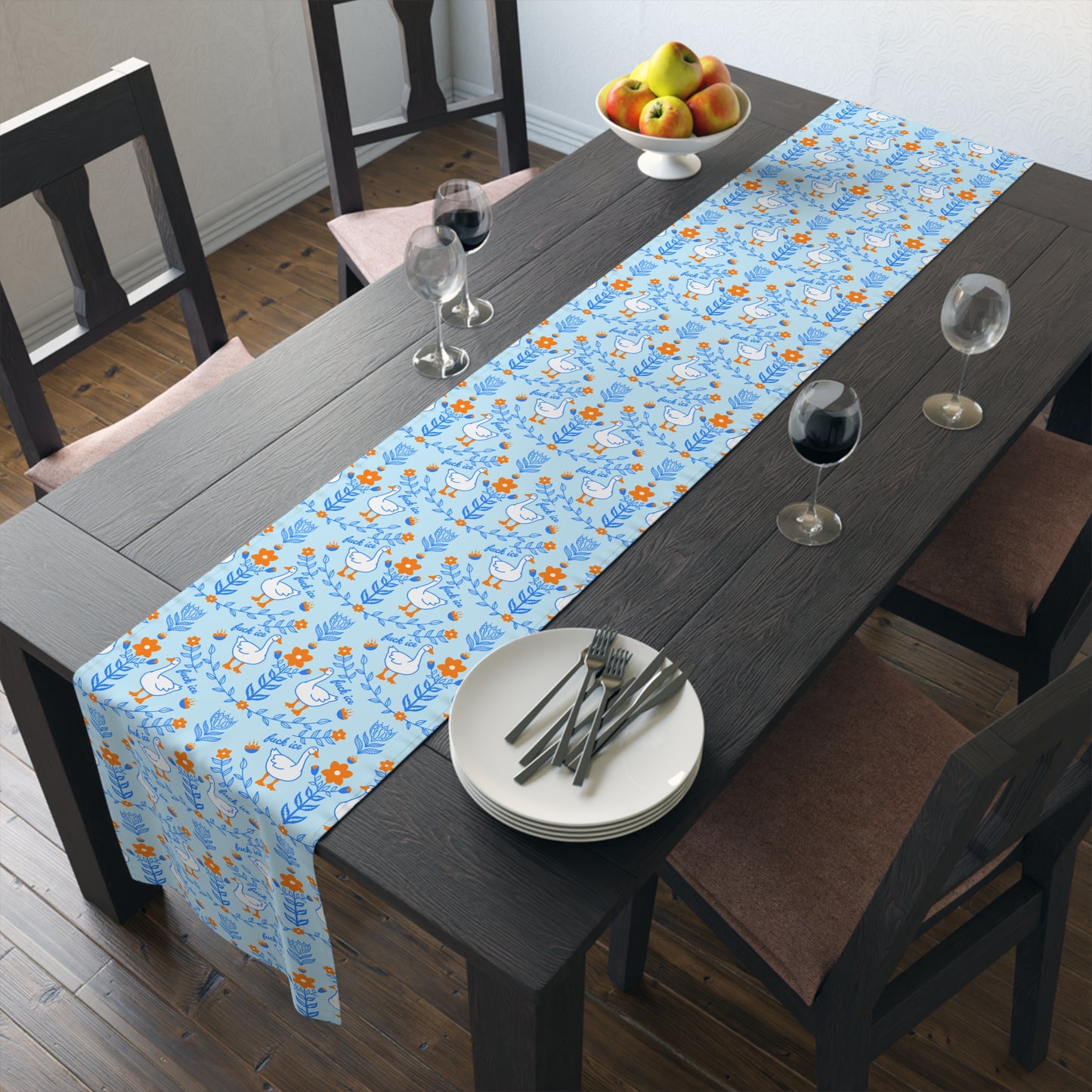 Silly Goose Floral Pattern Table Runner | Blue Fuck Ice Resist Design