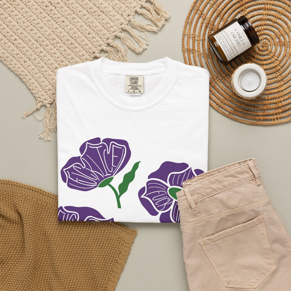 Slightly Subtle Purple Poppy Floral Print T-shirt | Hand-Drawn Flower Illustration FDT