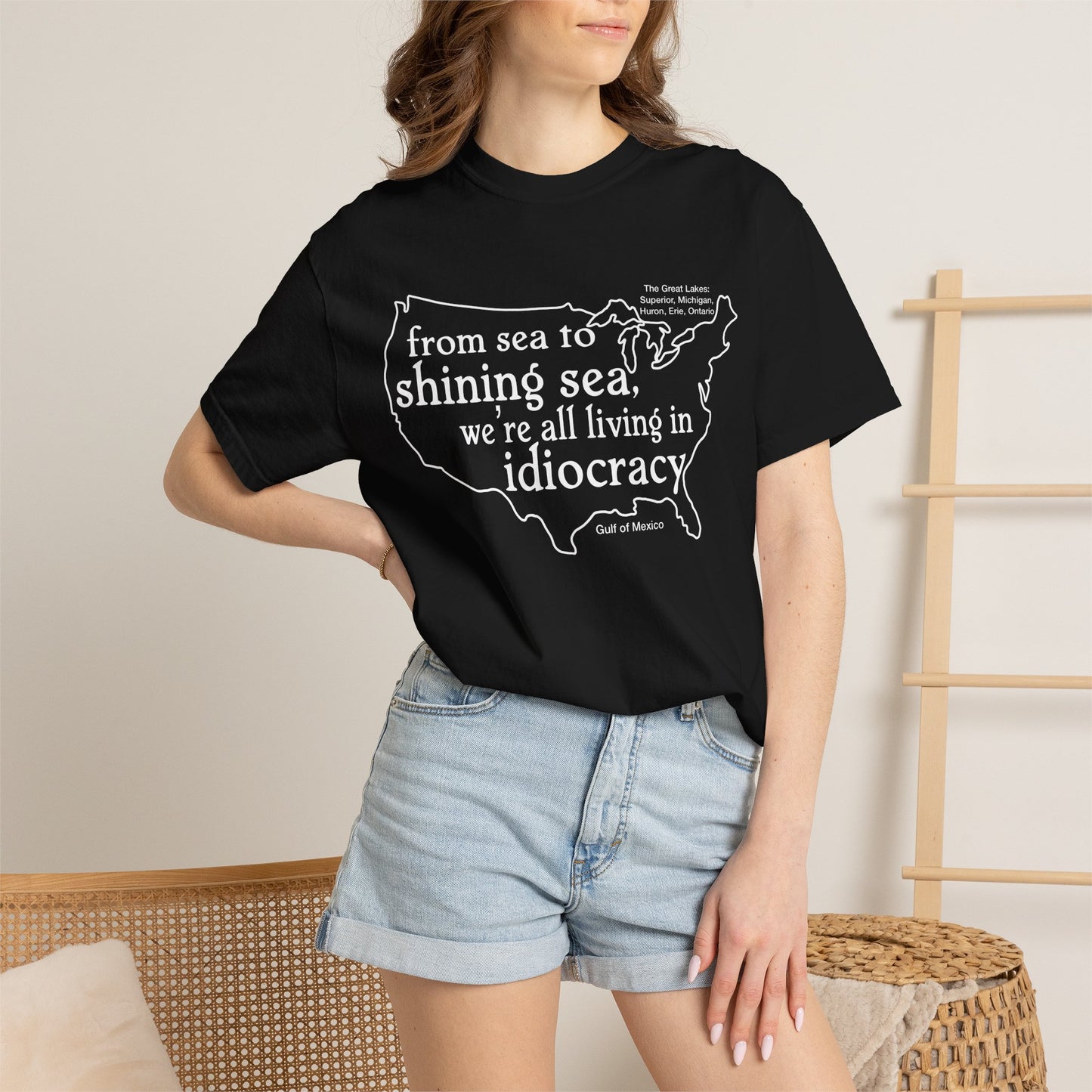 Idiocracy Map T-Shirt  'From sea to shining sea we are living in idiocracy' Minimal Political Tee Great Lakes Gulf of Mexico