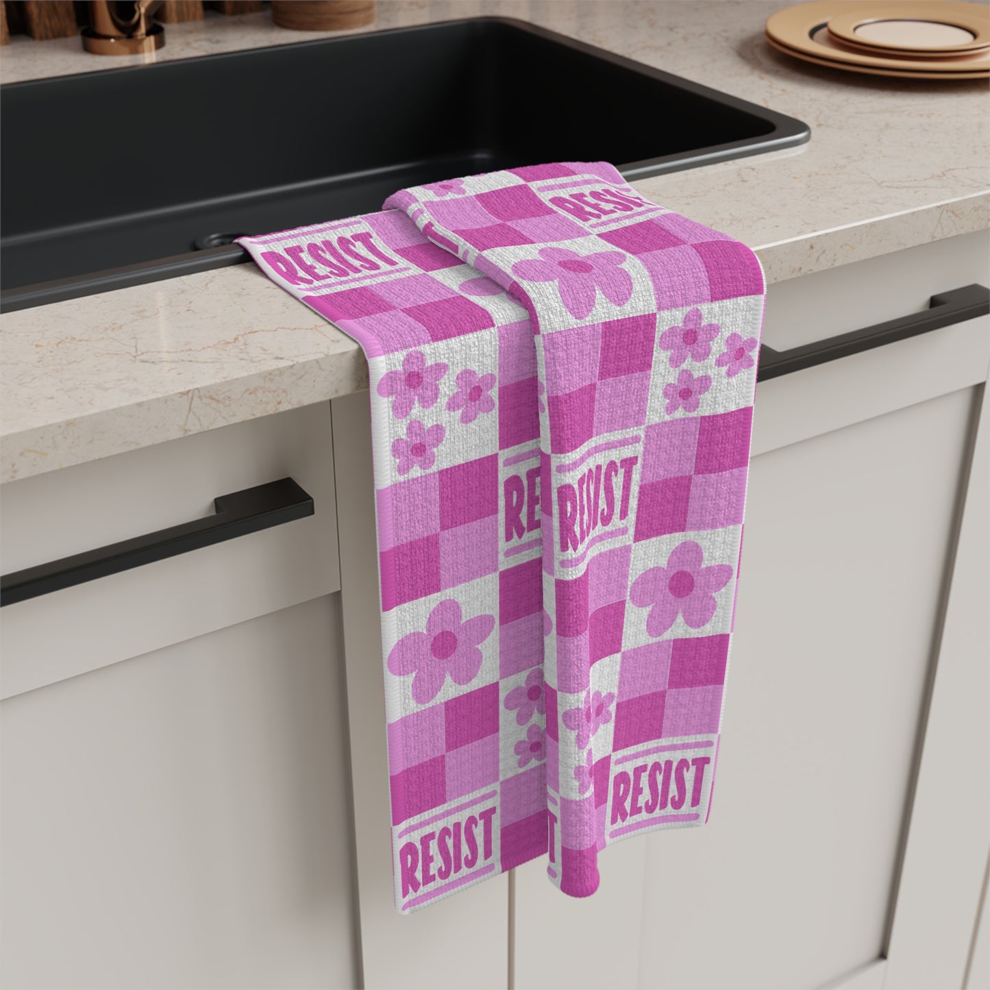 Resist Pink Checkerboard Tea Towel — Floral Microfiber Kitchen Towel