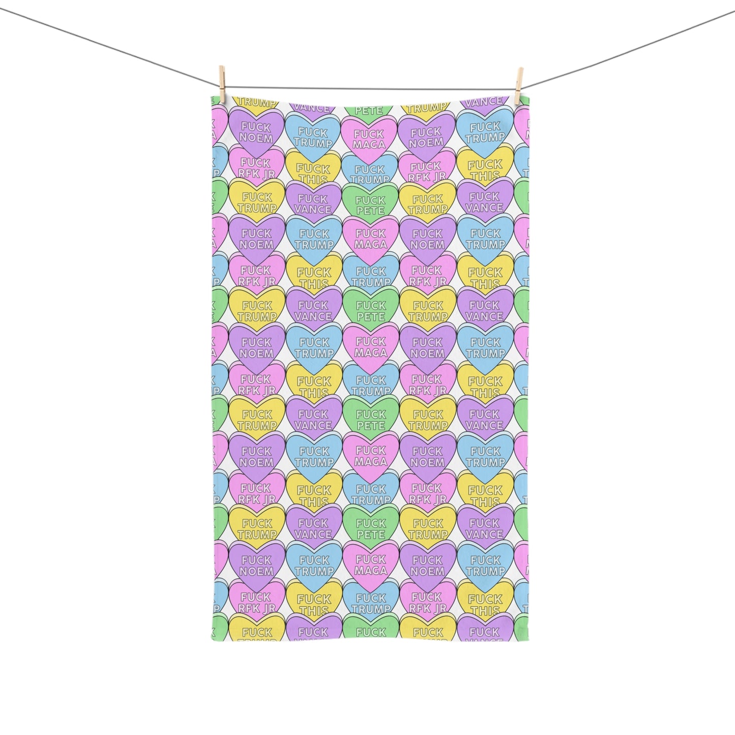 Slightly Subtle Conversation Heart Pattern Hand Towel | Pastel Candy Hearts with Messages