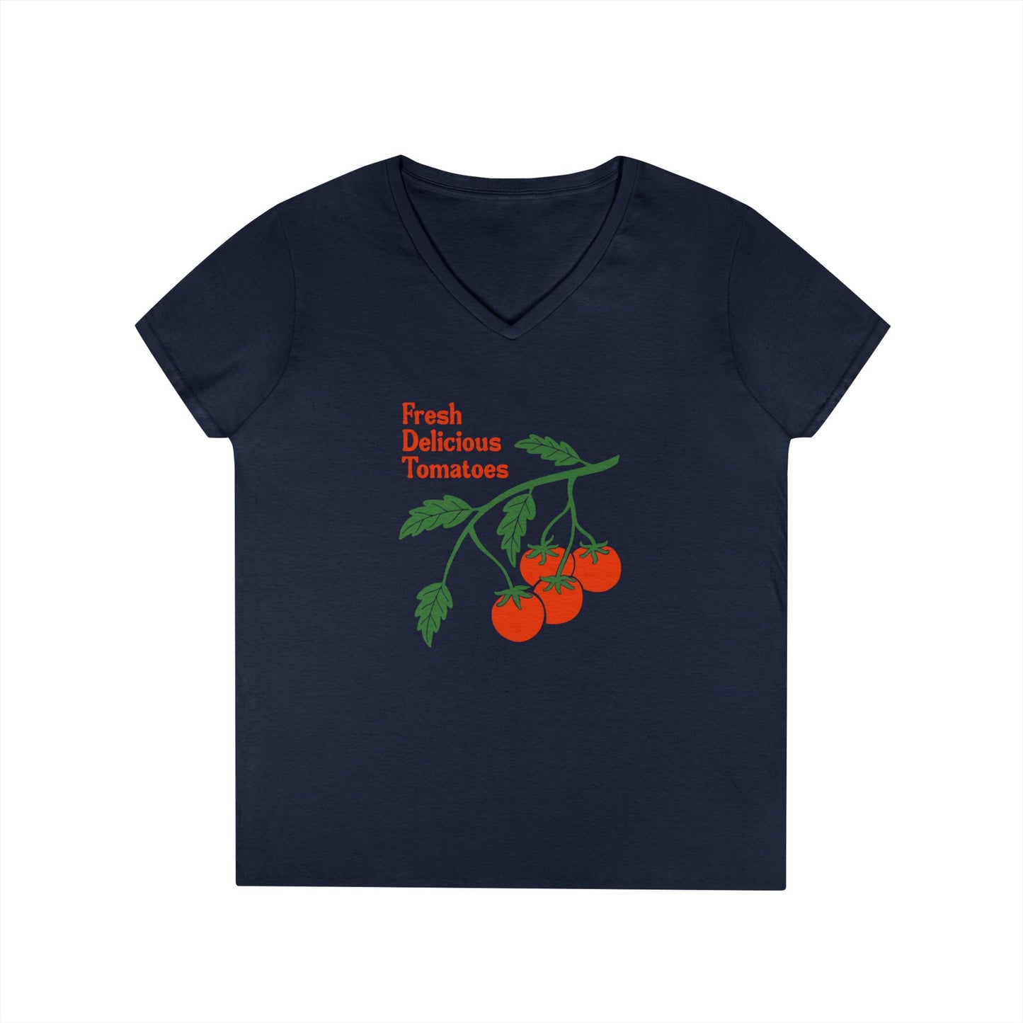 Fresh Delicious Tomatoes V-Neck T-Shirt | Tomato Plant Illustration FDT