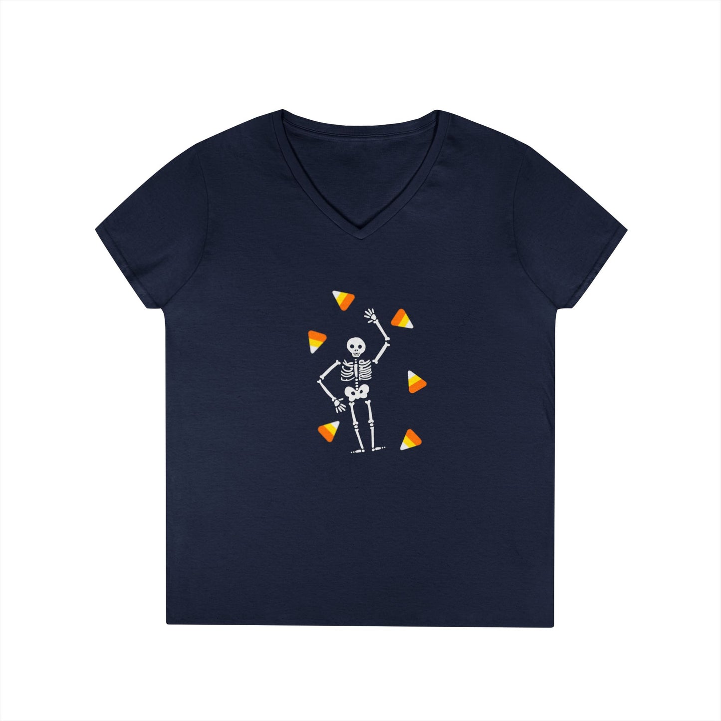 Skeleton & Candy Corn V-Neck Tee Cute Halloween T-Shirt