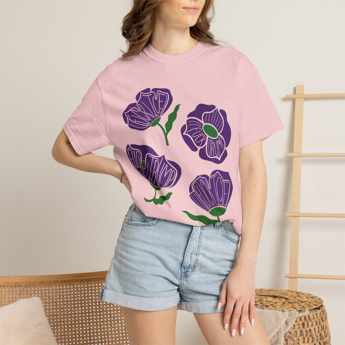 Slightly Subtle Purple Poppy Floral Print T-shirt | Hand-Drawn Flower Illustration FDT