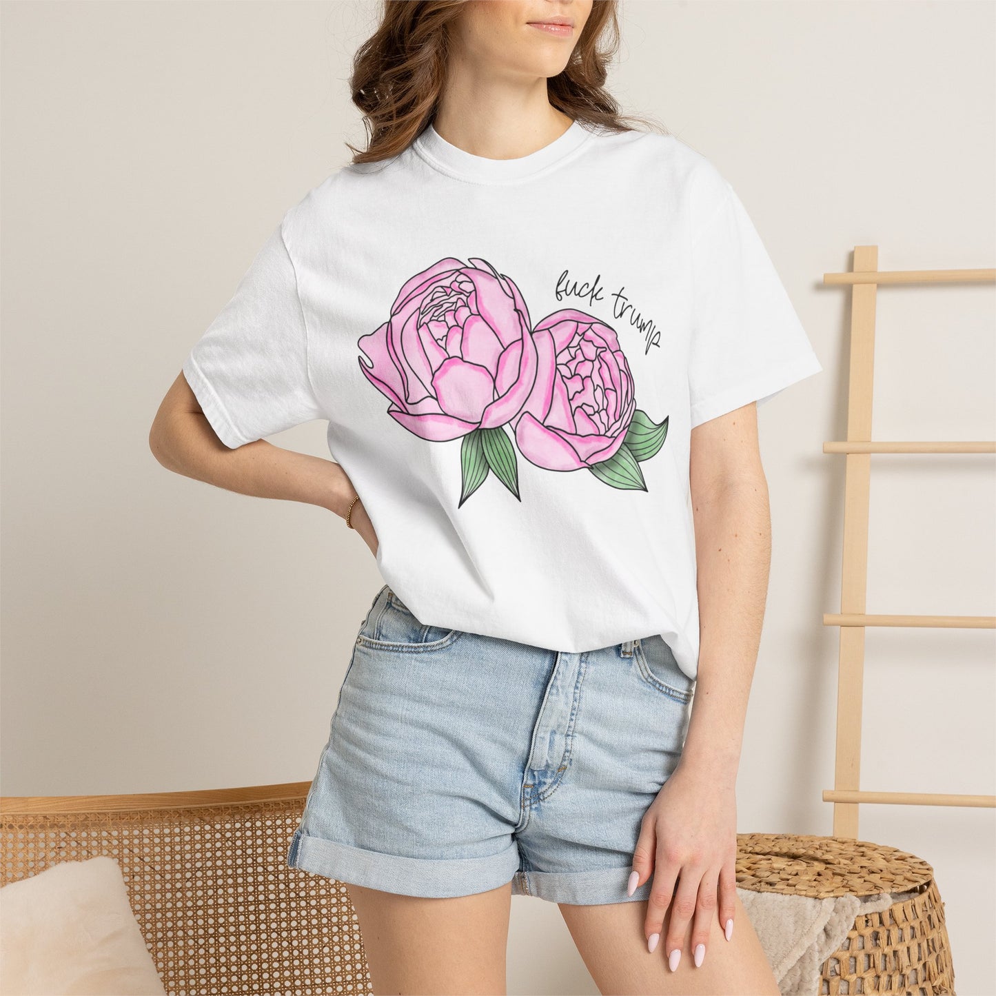 Slightly Subtle Pink Peony Floral Illustration T-shirt | Hand-drawn Blooms FDT