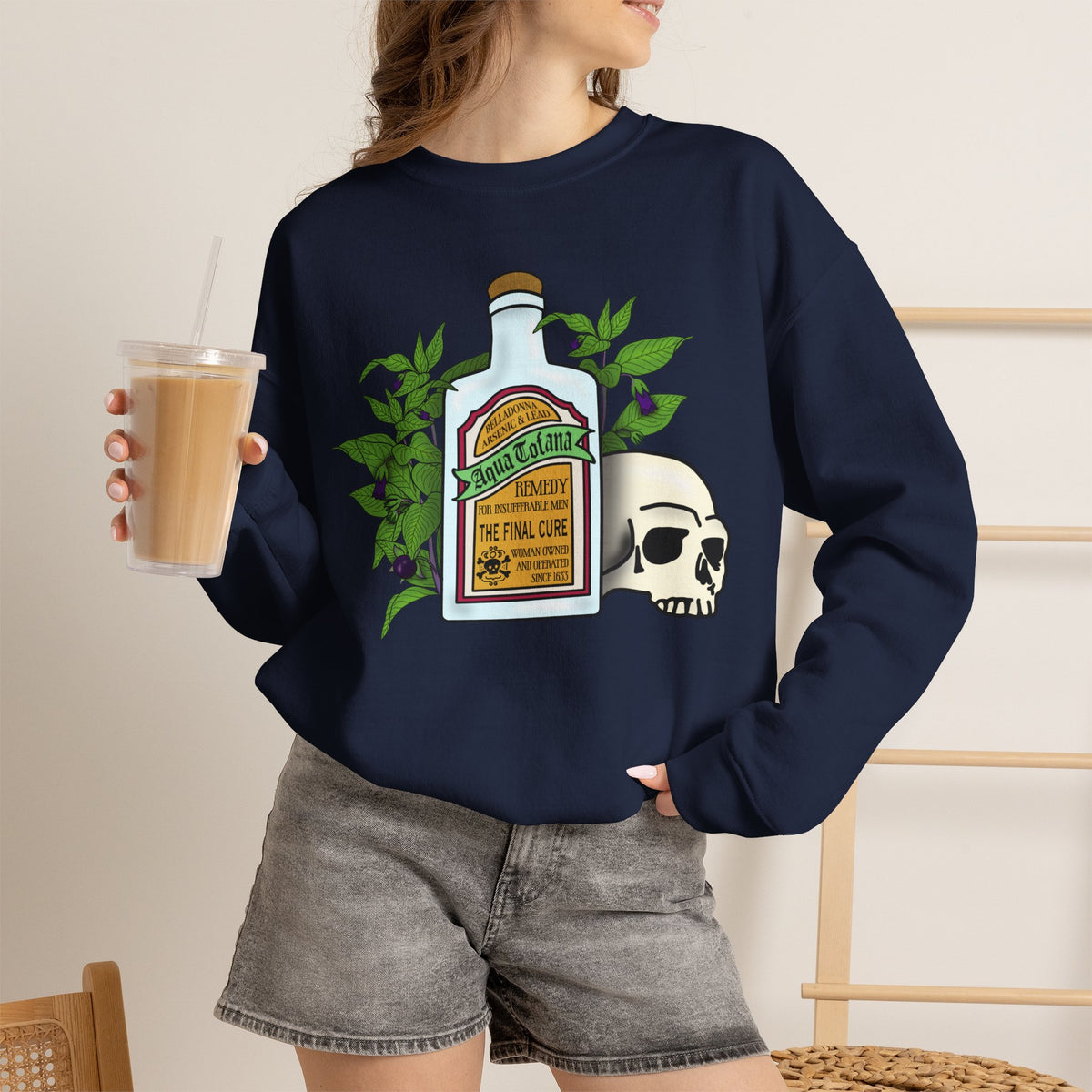 Crewneck Sweatshirt Aqua Tofana Apothecary Bottle & Skull Graphic