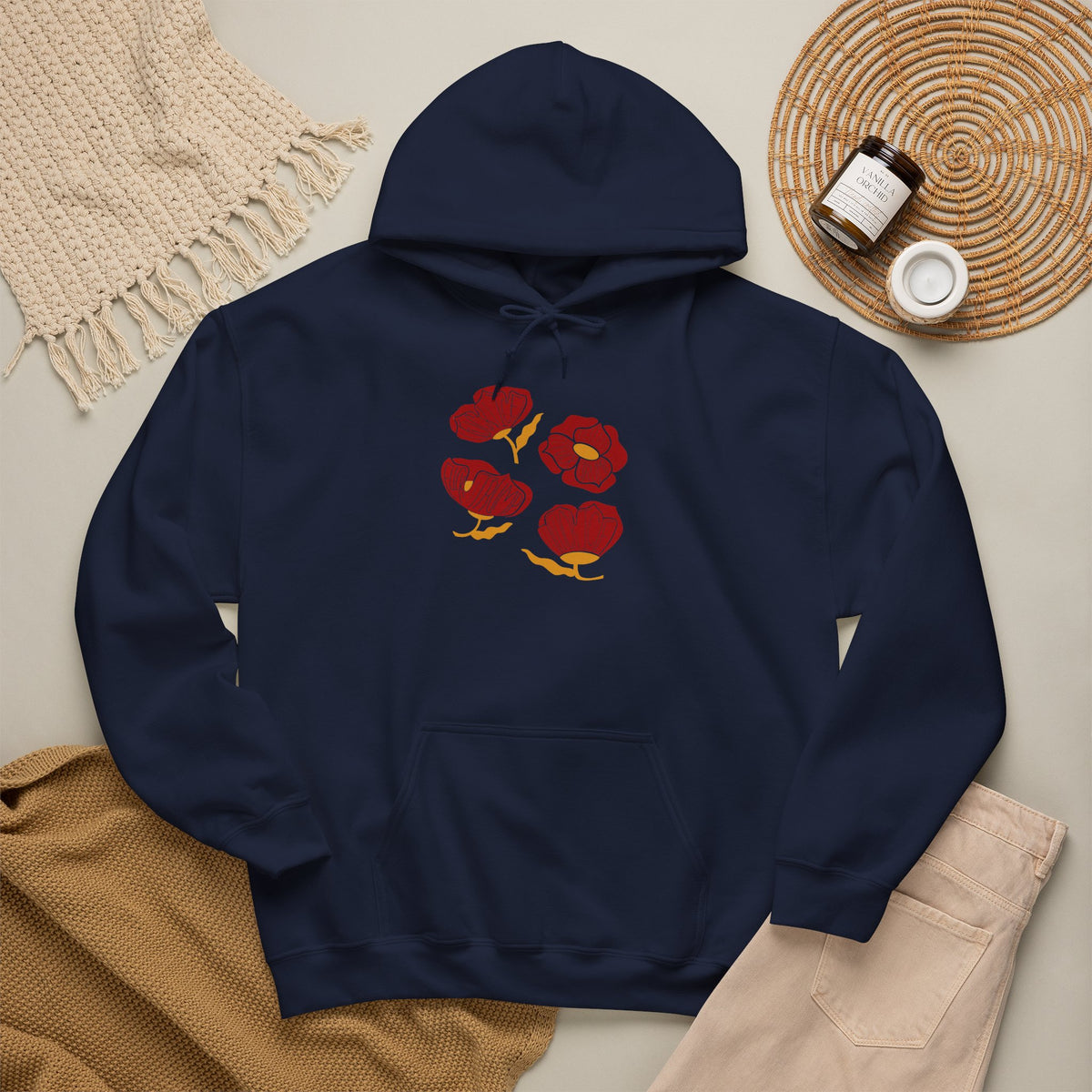 Slightly Subtle Red Poppy Flowers Hoodie | Floral Illustration, Minimal Line Art FDT