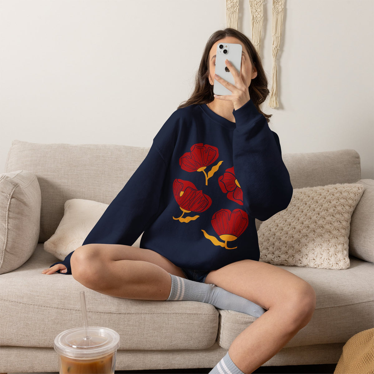 Slightly Subtle Red Poppy Floral Illustration Sweatshirt | Hand-Drawn Blooms, Minimal Botanical FDT