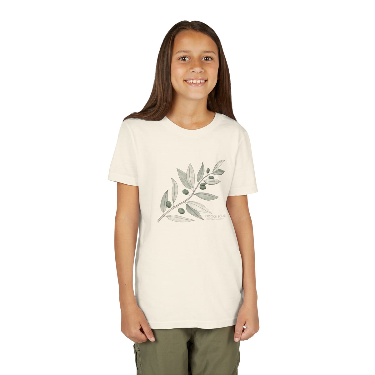 Youth Short Sleeve Tee with Olive Botanical Leaf Design