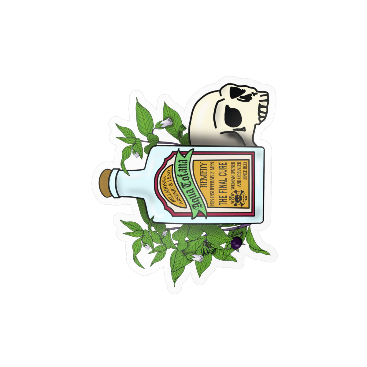 Herbal Aqua Tofana Tonic Bottle Sticker  Skull & Belladonna Kiss-Cut Vinyl Decal