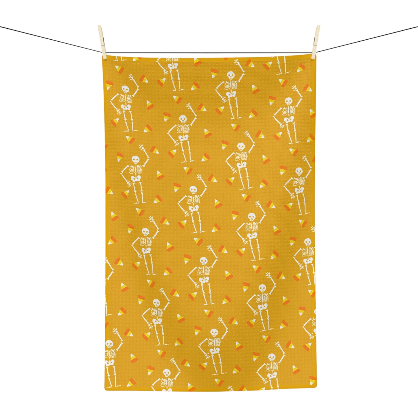 Halloween Skeleton & Candy Corn Microfiber Tea Towel Yellow