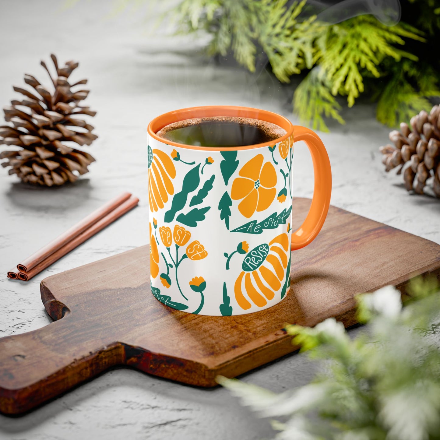 Resist Floral Ceramic Mug — Orange & Teal 11oz/15oz