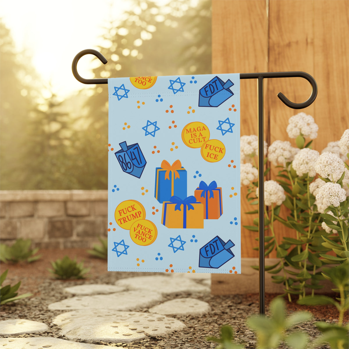 Hanukkah Political Garden Banner Dreidel Gelt Gifts Anti-MAGA, Pro-Democracy Gift Design