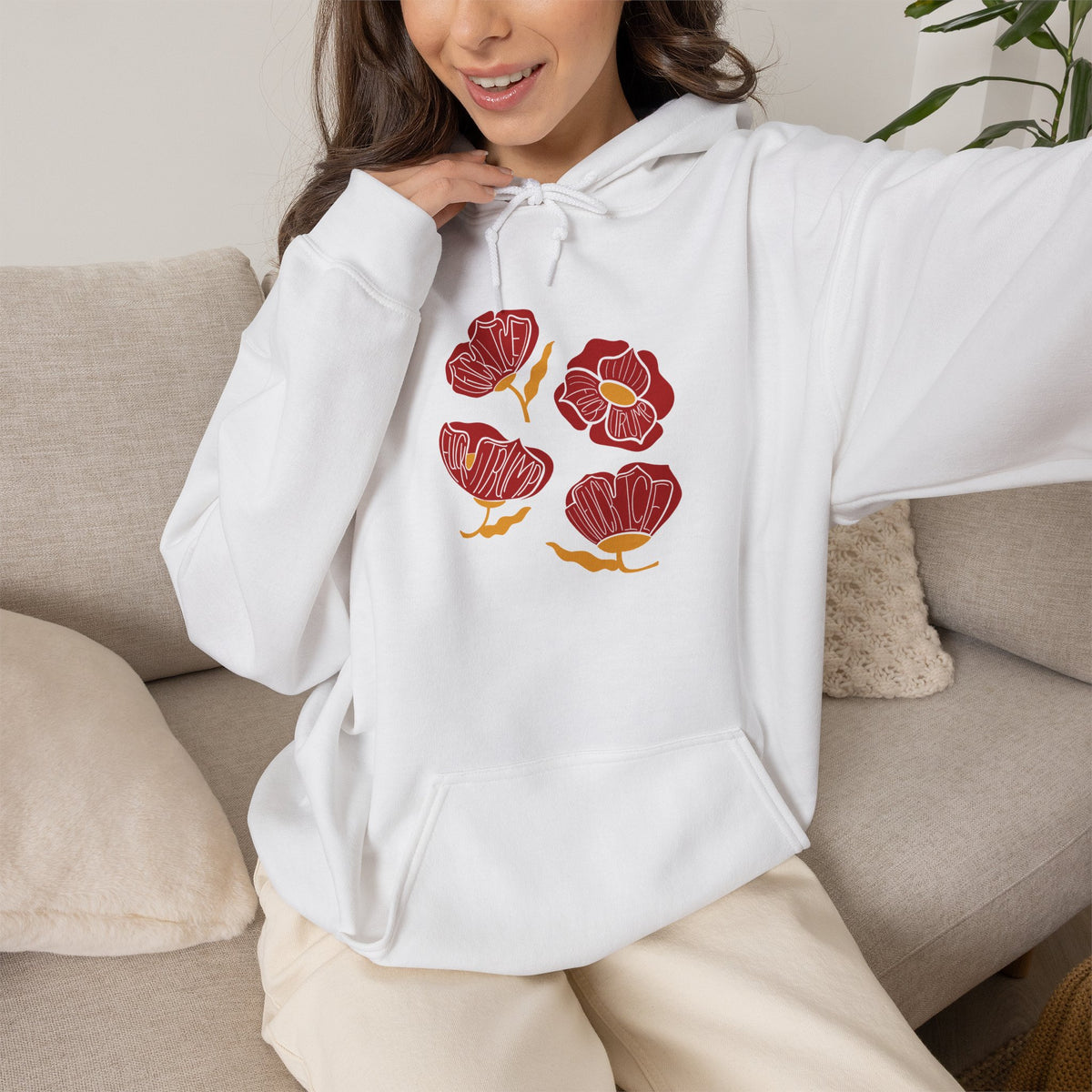 Slightly Subtle Red Poppy Flowers Hoodie | Floral Illustration, Minimal Line Art FDT
