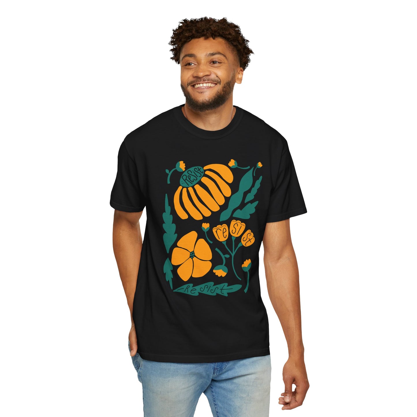 Floral Resist Tee — Retro Orange & Green Autumn Graphic T-Shirt