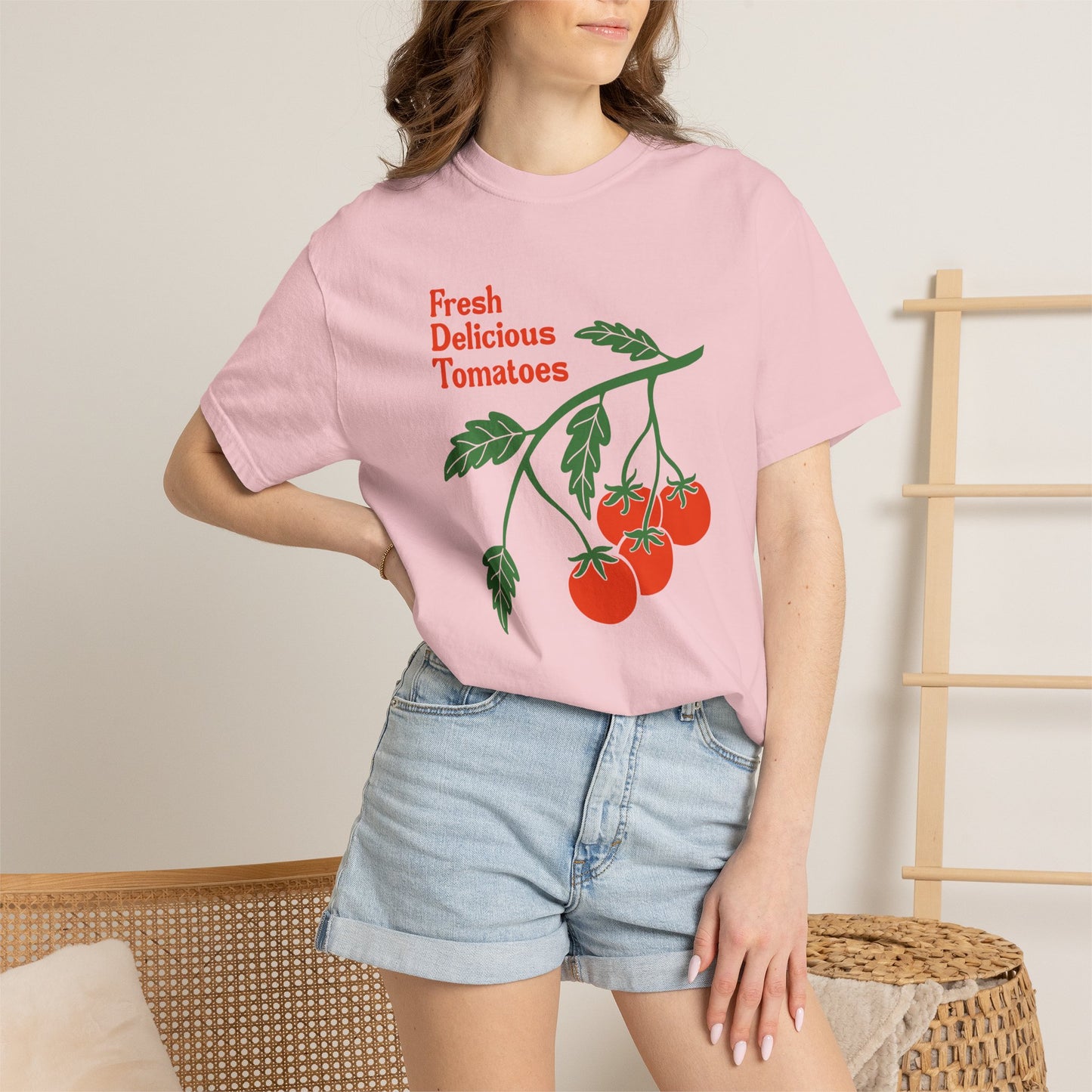 Fresh Delicious Tomatoes T-Shirt | Tomato Vine Illustration, Red Green Produce Tee FDT