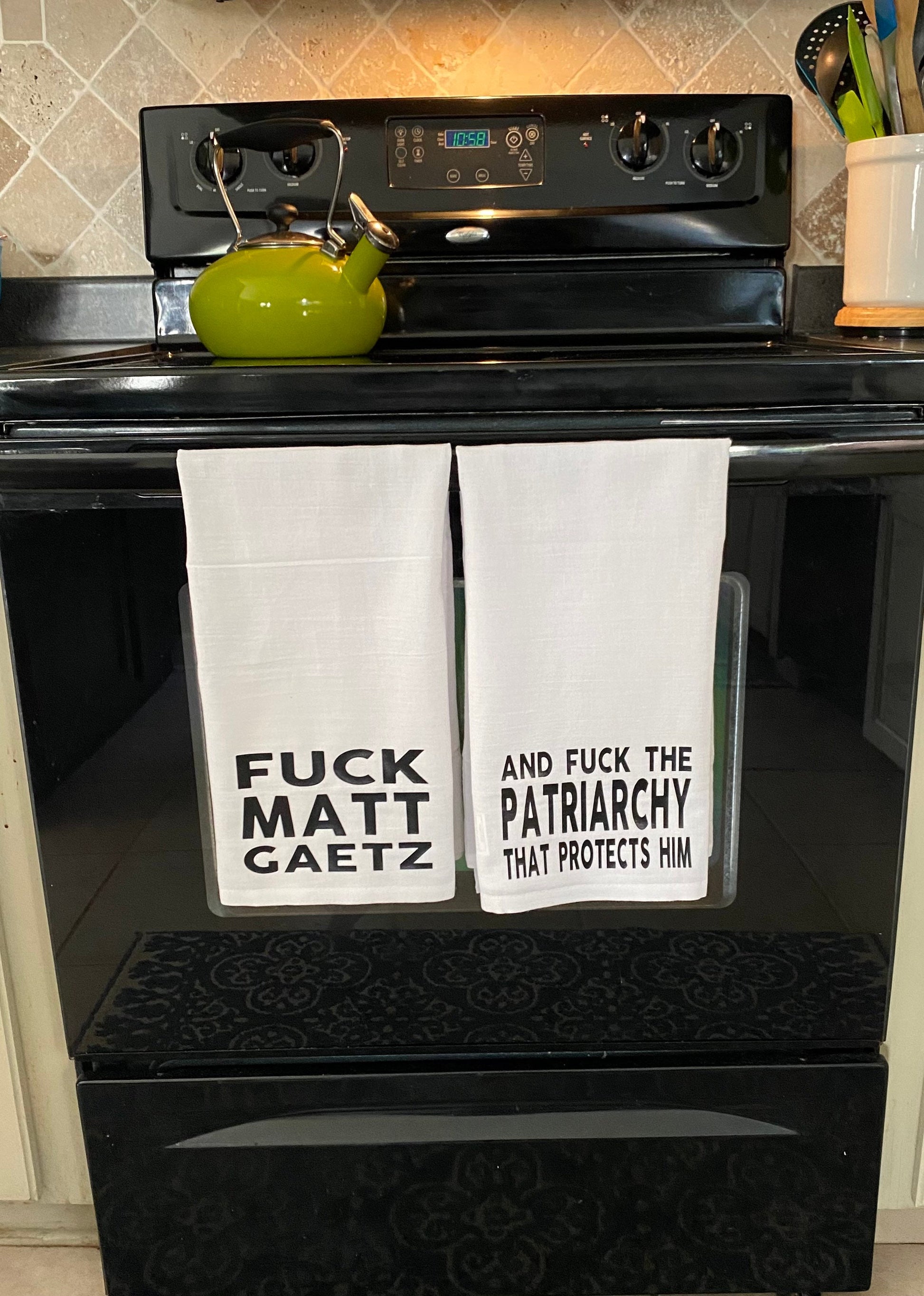 Fuck Gaetz and the Patriarchy Too Tea Towel Set, with options kavanaugh, Jordan, Trump