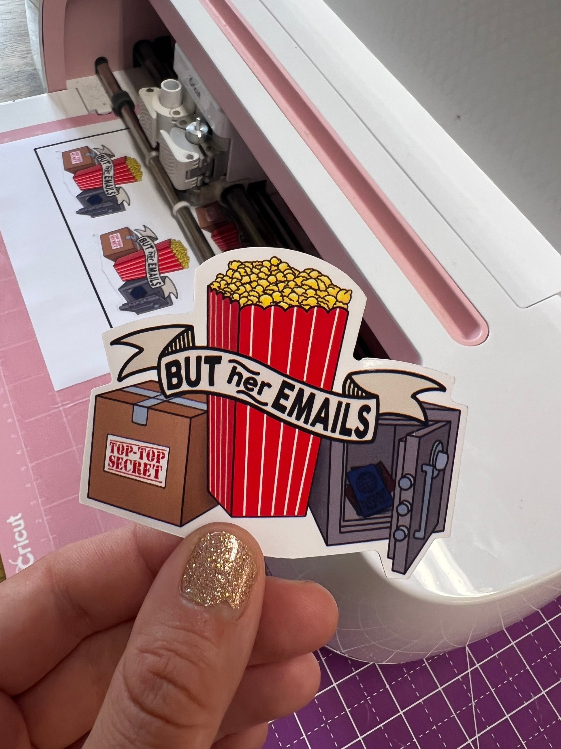 Popcorn Sticker - but her emails - trump for prison - and more options!