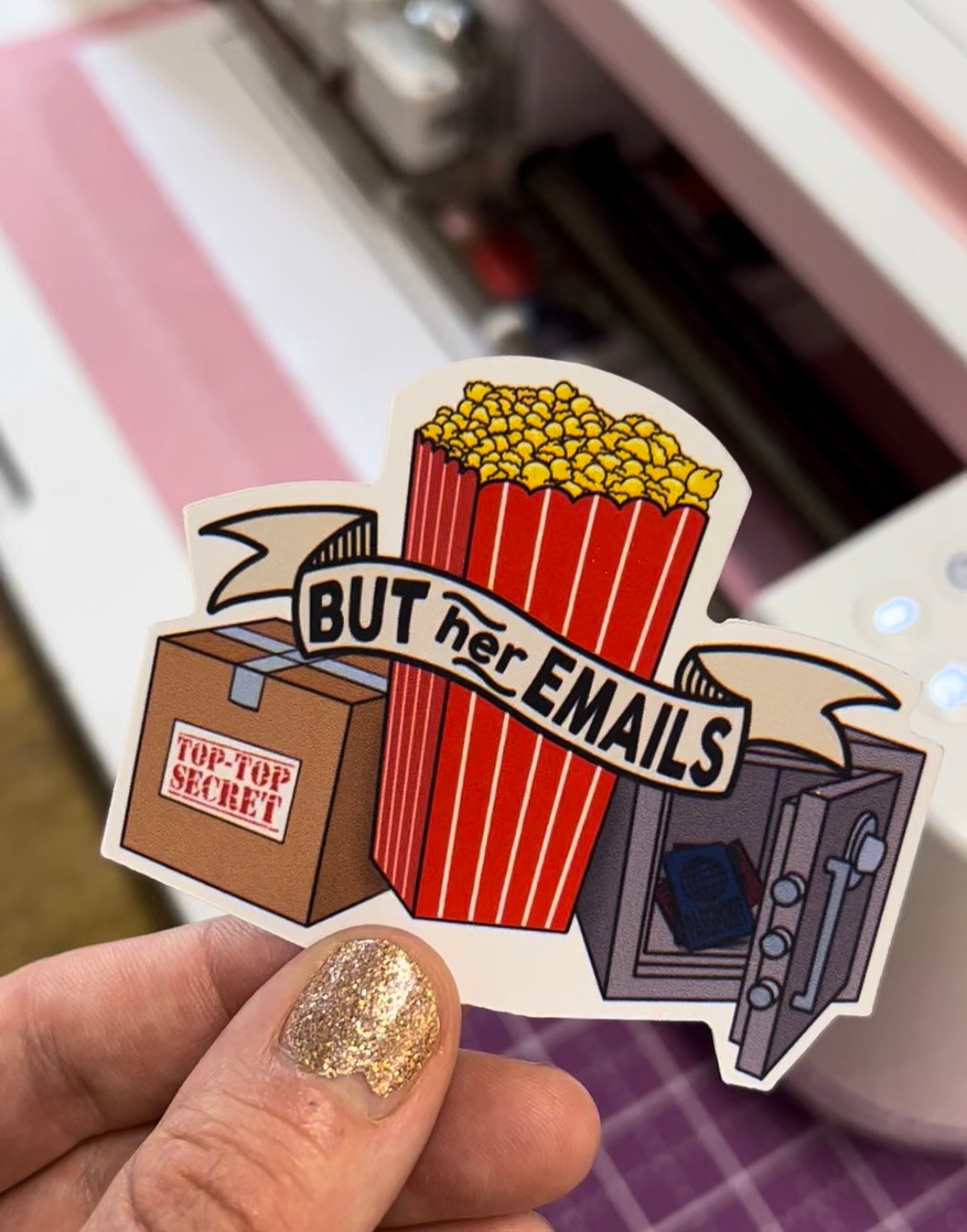 Popcorn Sticker - but her emails - trump for prison - and more options!